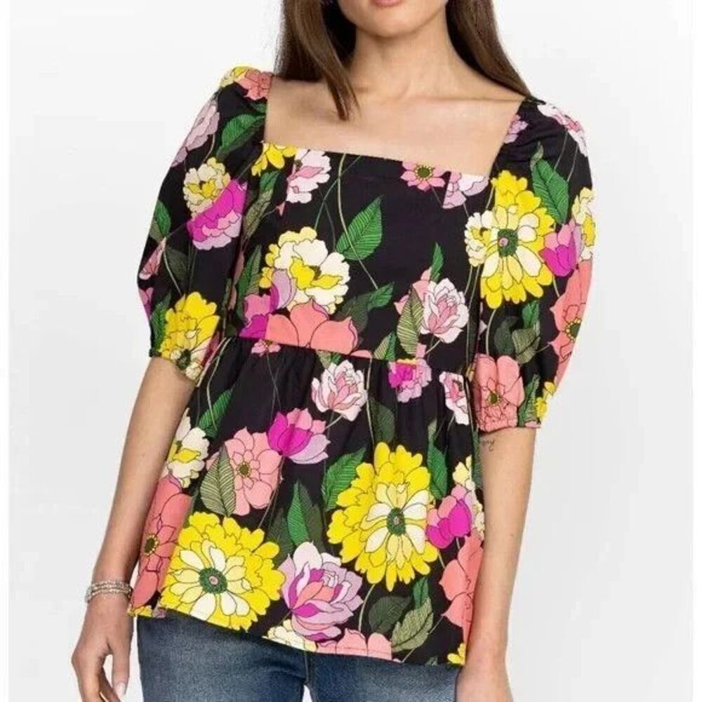 Johnny Was Women's Black Floral Print Paloma Marisol Blouse, Size Large